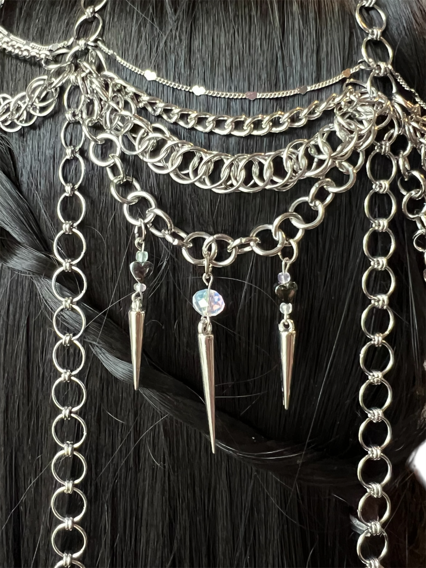 Long Chainmail Head Piece with Opal Beads, Hearts, and Spikes