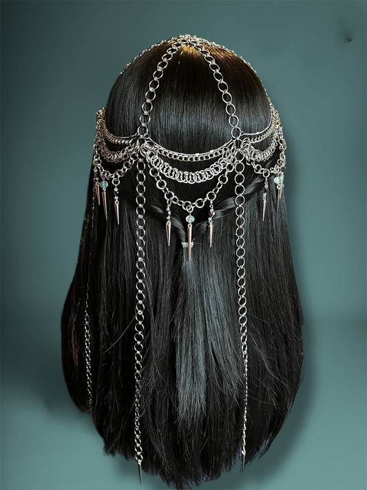 Long Chainmail Head Piece with Opal Beads, Hearts, and Spikes