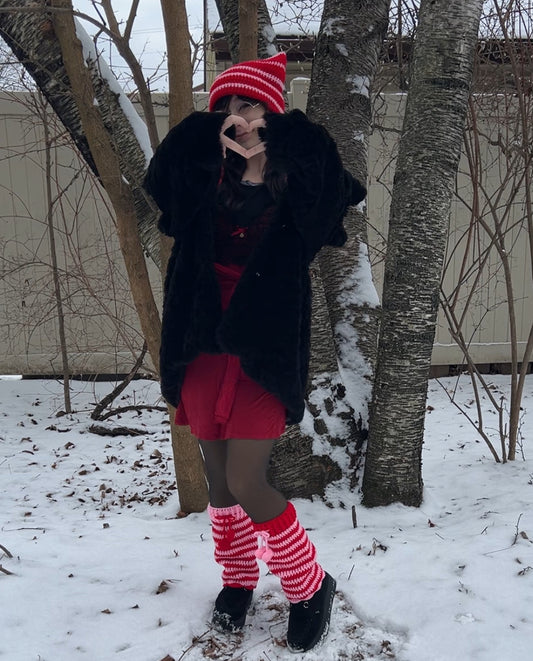 Red + Pink Striped Cat Hat and Leg Warmers Set
