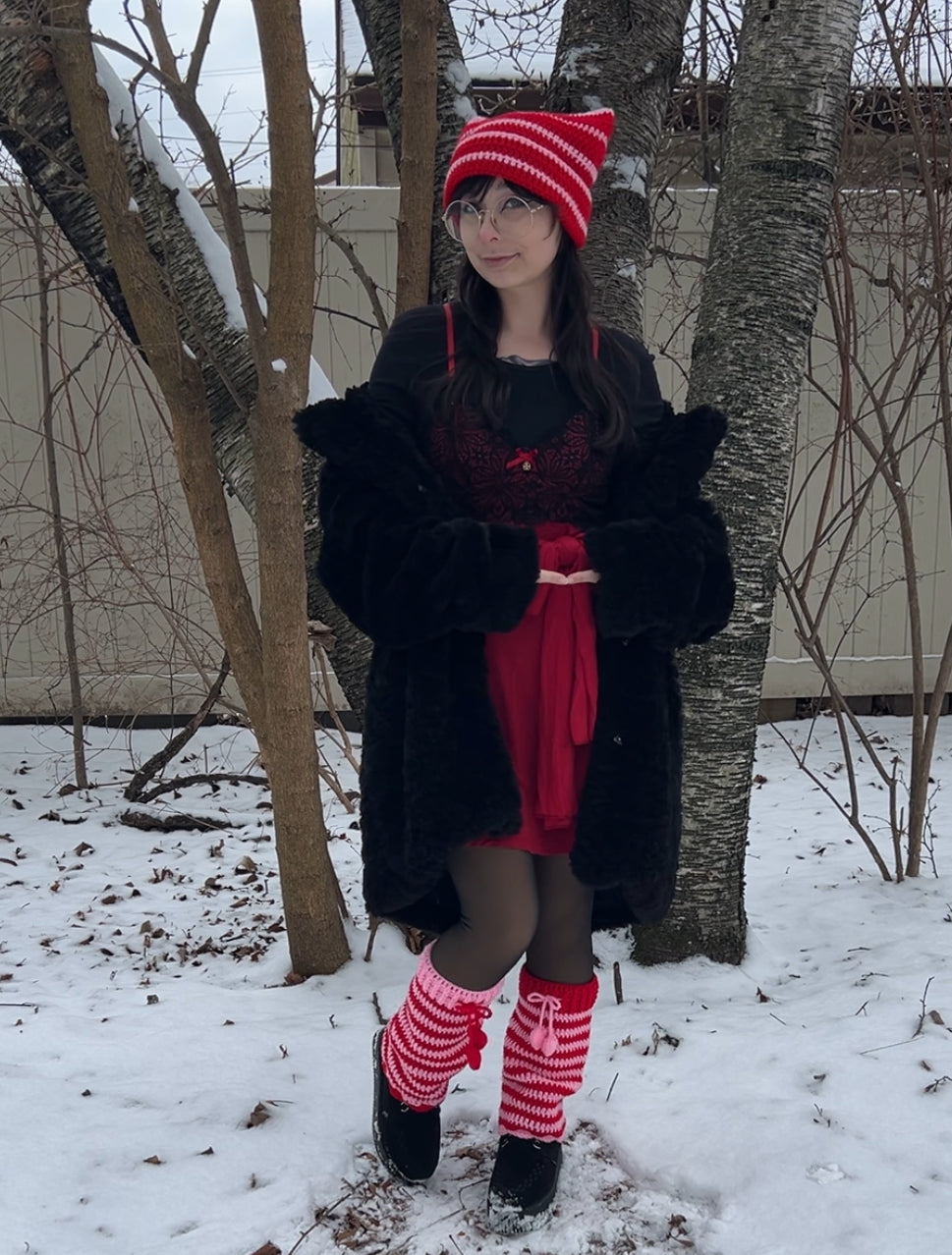 Red + Pink Striped Cat Hat and Leg Warmers Set
