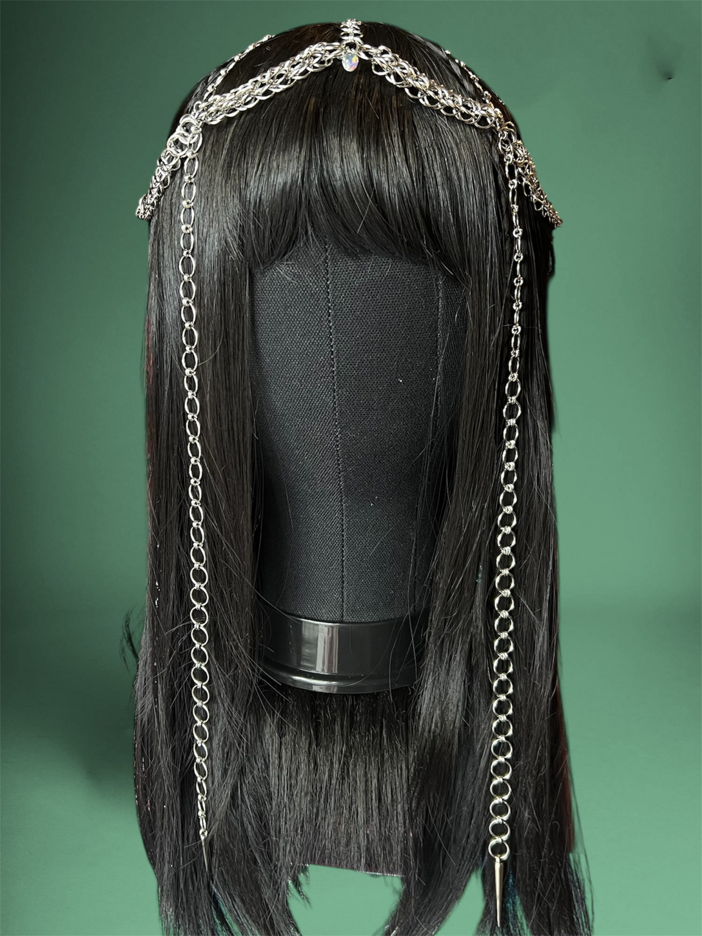 Long Chainmail Head Piece with Opal Beads, Hearts, and Spikes