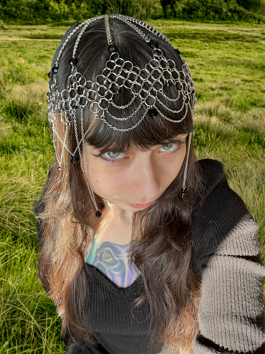 Medium Length Chainmail Head Piece with Black Beads