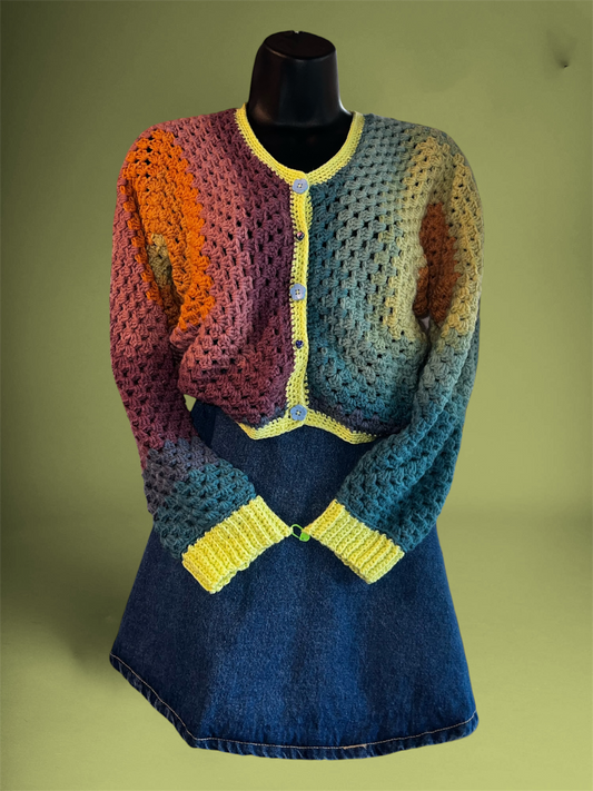 Crochet Cropped Rainbow Hexagon Cardigan
