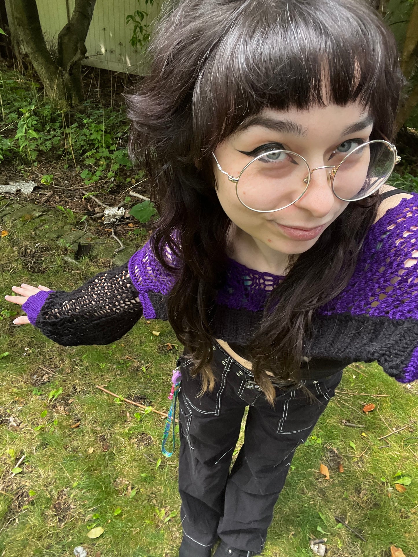 Purple and Black Distressed Knit Shrug