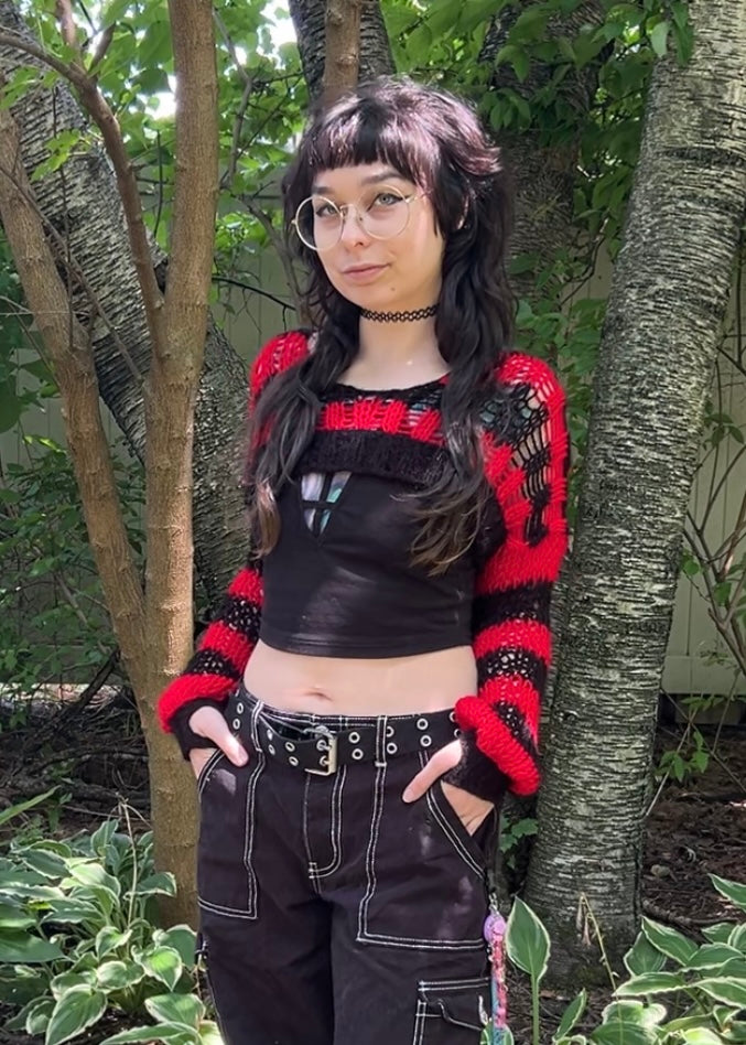 Red and Black Striped Distressed Knit Shrug