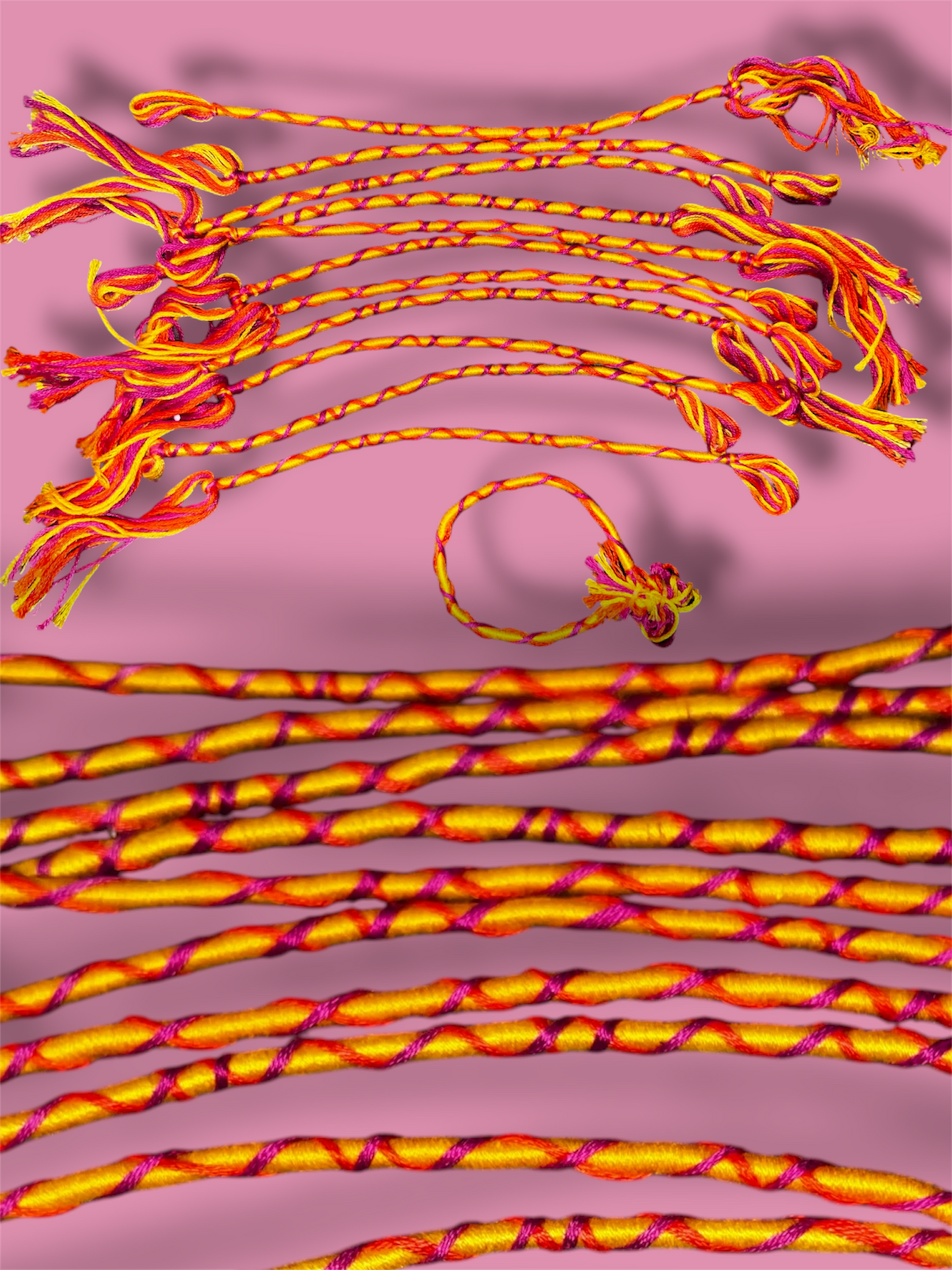 Vaguely Lesbian Pride themed thread bracelets