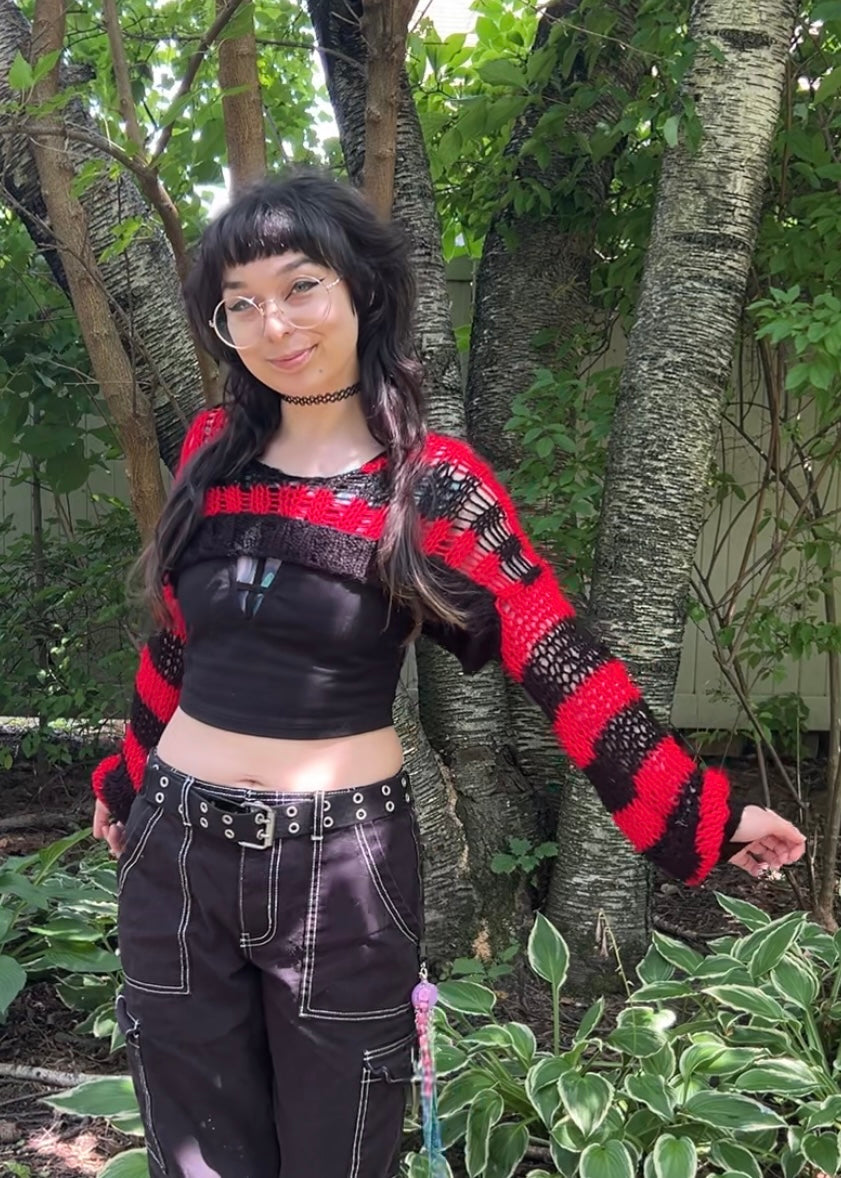 Red and Black Striped Distressed Knit Shrug