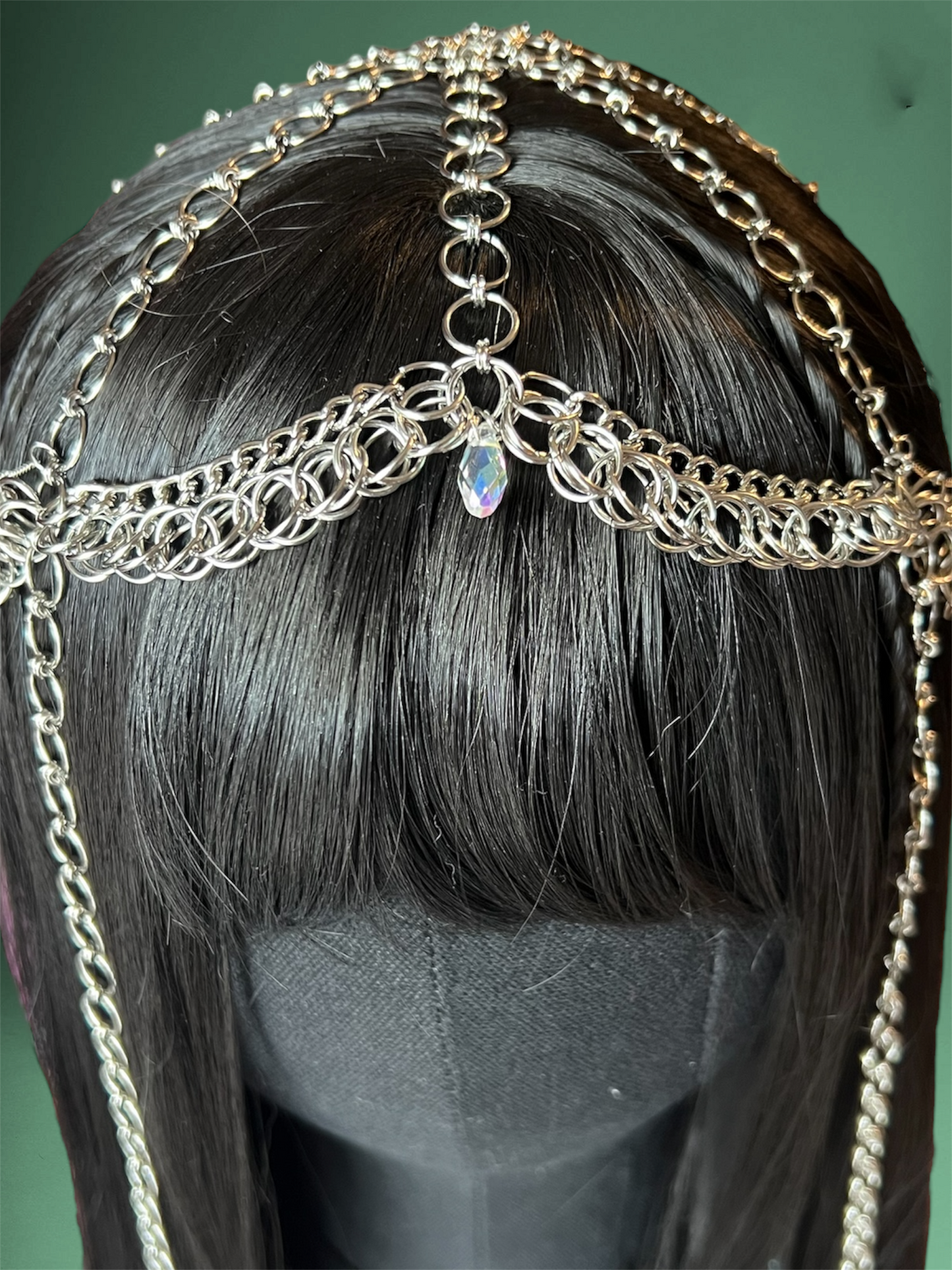 Long Chainmail Head Piece with Opal Beads, Hearts, and Spikes