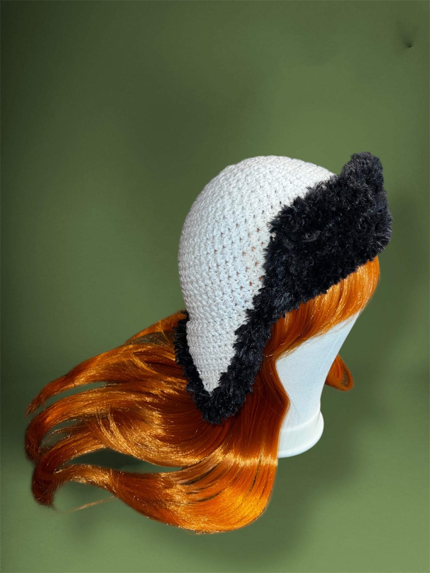 Sparkly White Crochet Trapper Hat with Black Fur