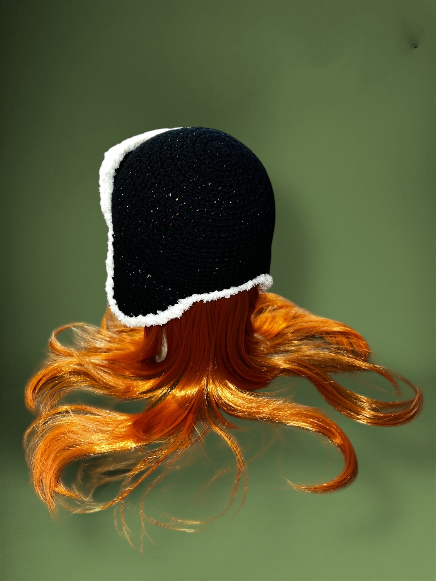 Sparkly Black Crochet Trapper Hat with White Fur