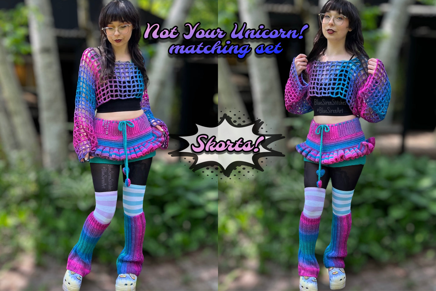 Not Your Unicorn! Bi Pride Crochet Set with Shrug Skort & Leg Warmers