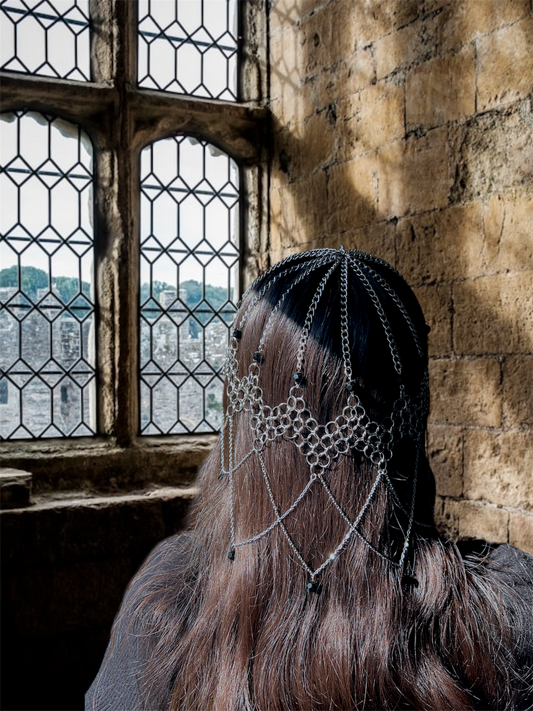 Medium Length Chainmail Head Piece with Black Beads