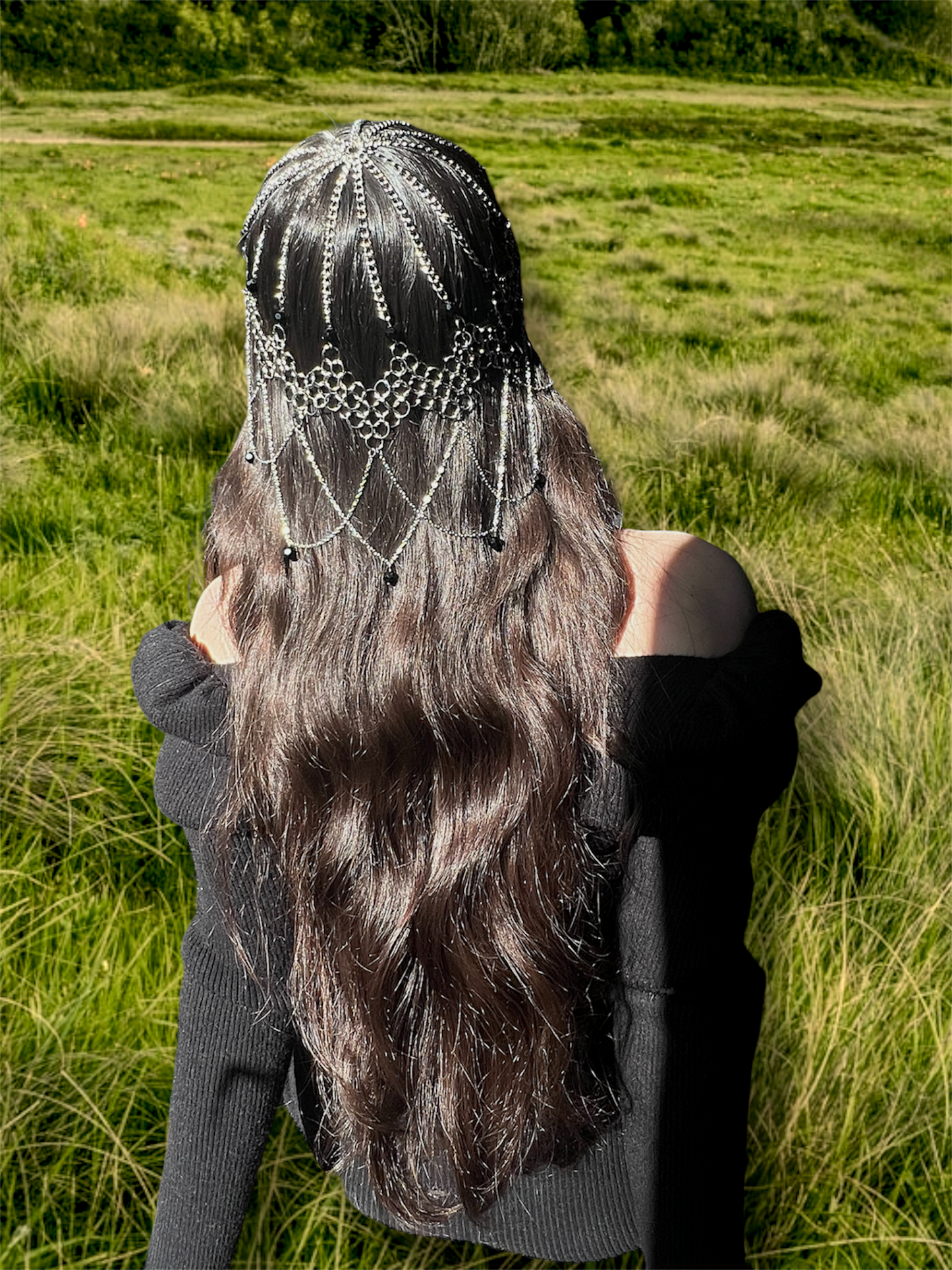 Medium Length Chainmail Head Piece with Black Beads