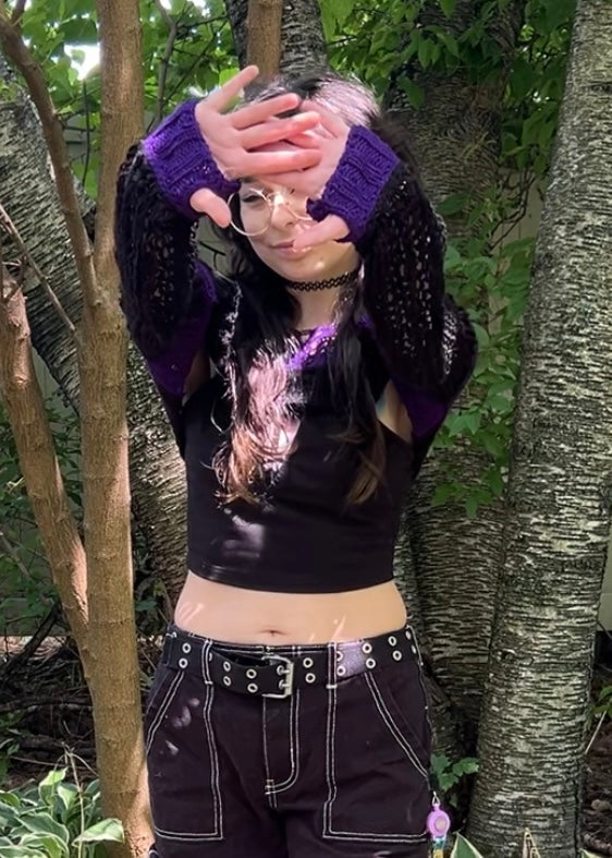 Purple and Black Distressed Knit Shrug