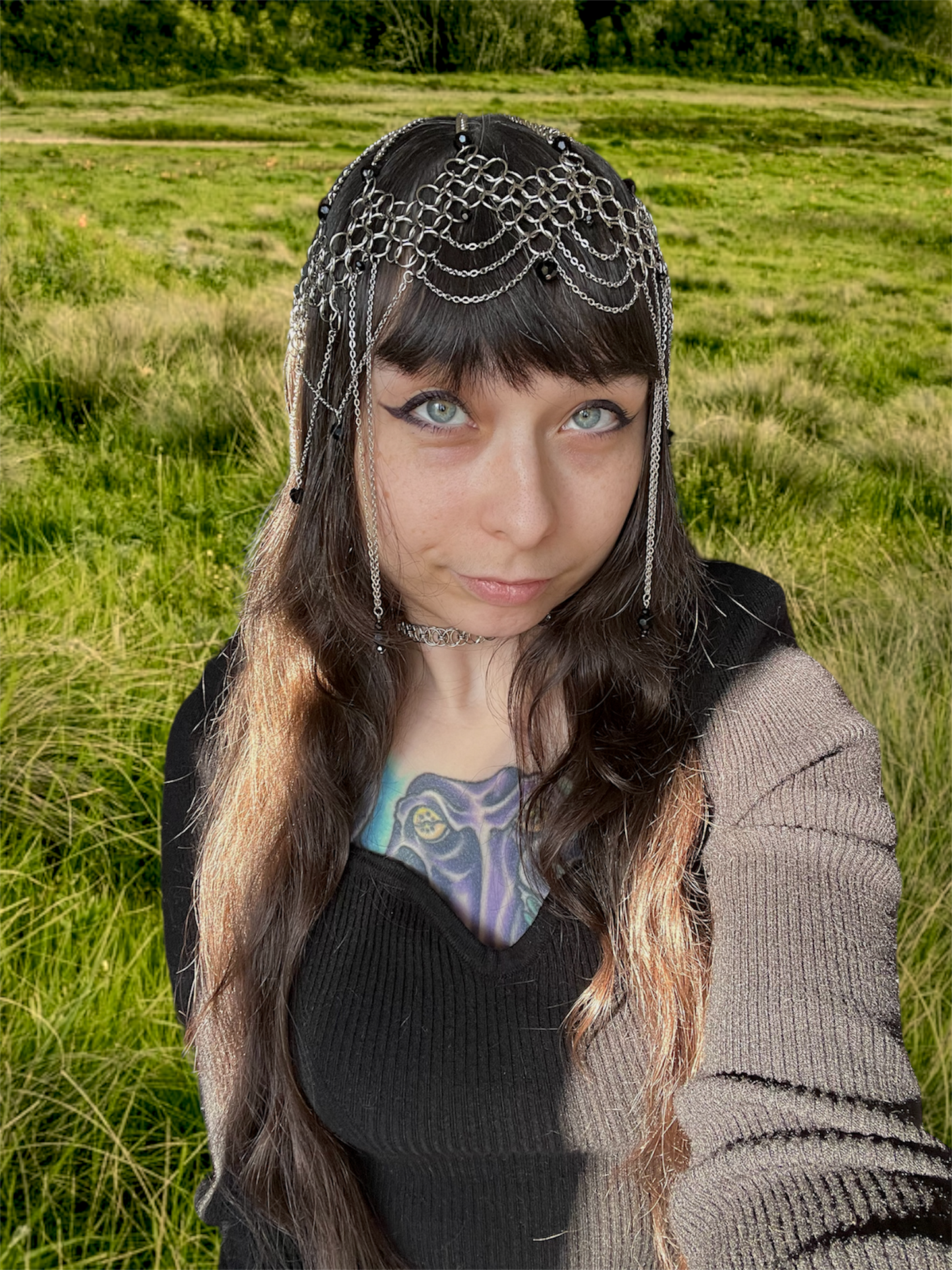 Medium Length Chainmail Head Piece with Black Beads