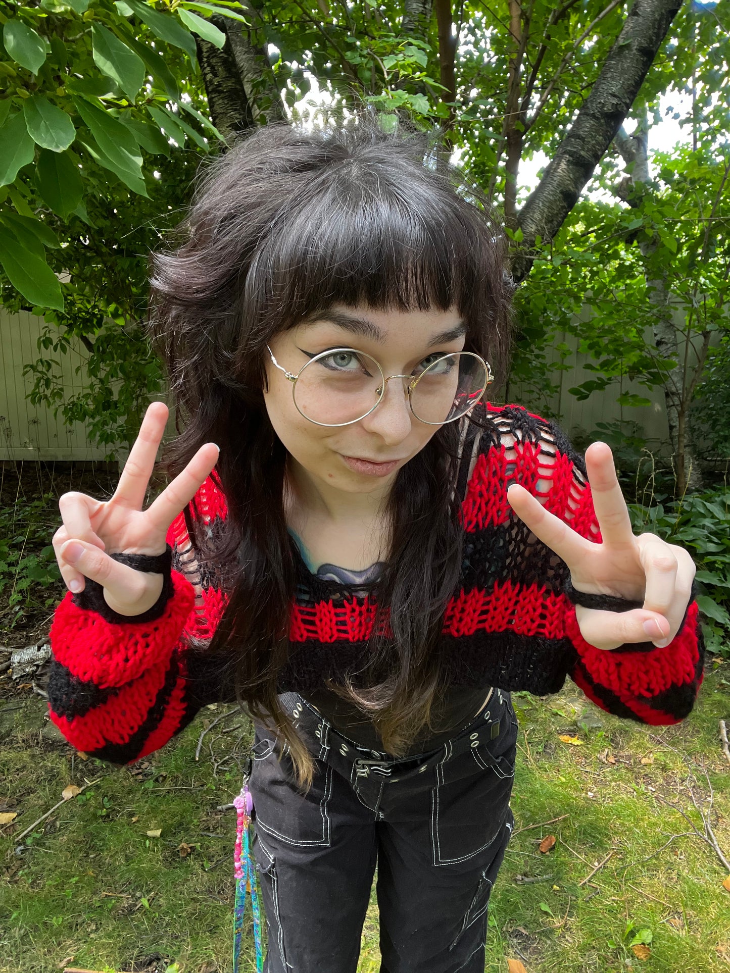 Red and Black Striped Distressed Knit Shrug