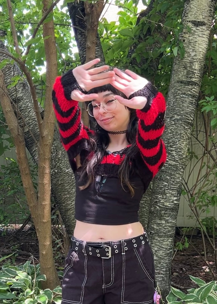 Red and Black Striped Distressed Knit Shrug