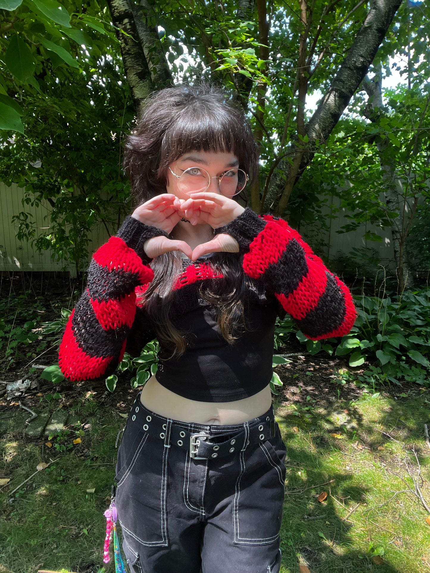 Red and Black Striped Distressed Knit Shrug