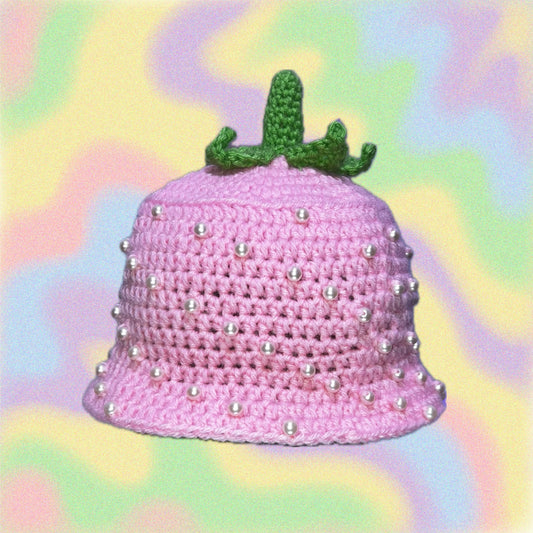 Pink Strawberry Crochet Bucket Hat